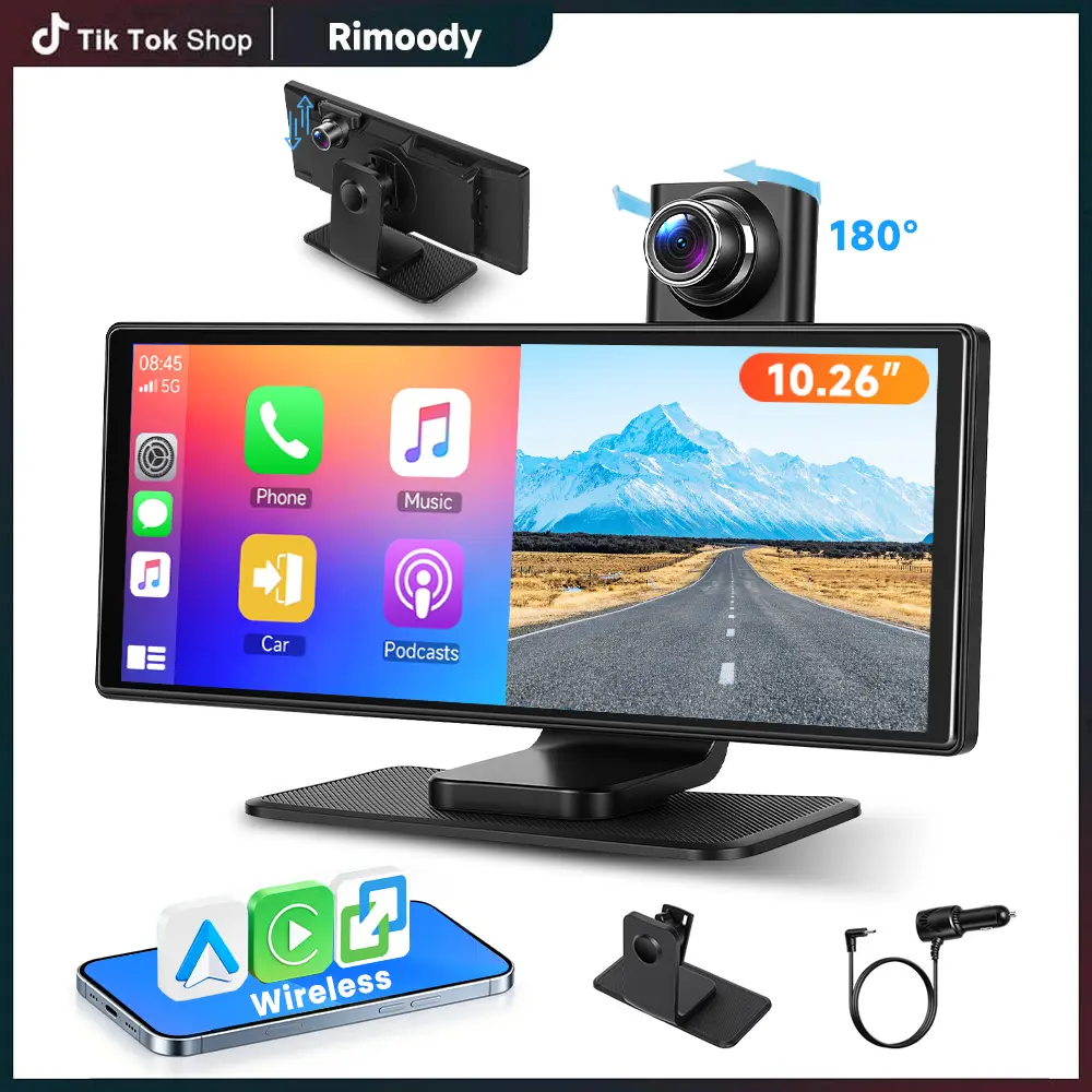 Rimoody 10.26in In-Cell Display Wireless Carplay Stereo with 180 Rotation, 4K Dash Cam, Android Auto, Bluetooth, Airplay, Miracast, WiFi Video, Rear Camera for Cars, Trucks, Vans - Ideal for Driving, Spanish, Russian, Chinese Users