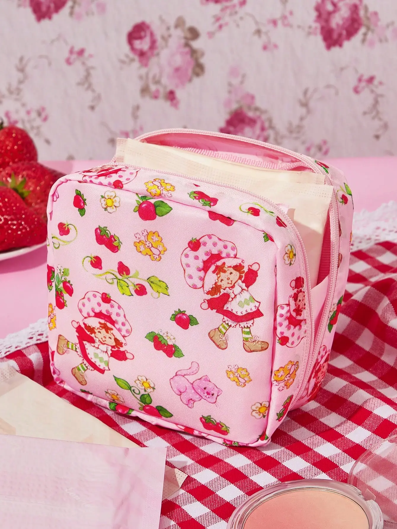 Strawberry Shortcake Polyester Cartoon Organizer Storage Pouch (1pc) - Home Supplies, Fun Storage Art Cat & Dog Designs, Clutter Control for Sanitary Napkins, Digital Accessories