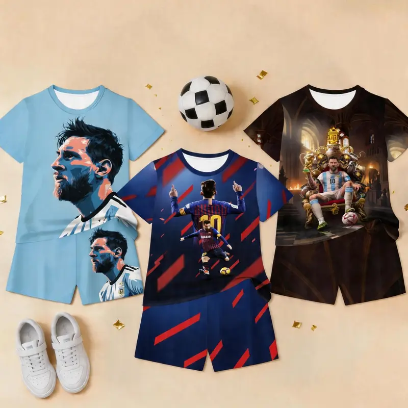 Messi 10 Theme Kids Sports 3-Piece Set, Summer Sports Set, Sports Suit, Short Sleeve Shorts Football Training Gear, Fashion Outdoor Wear, Birthday Gift, Holiday Gift