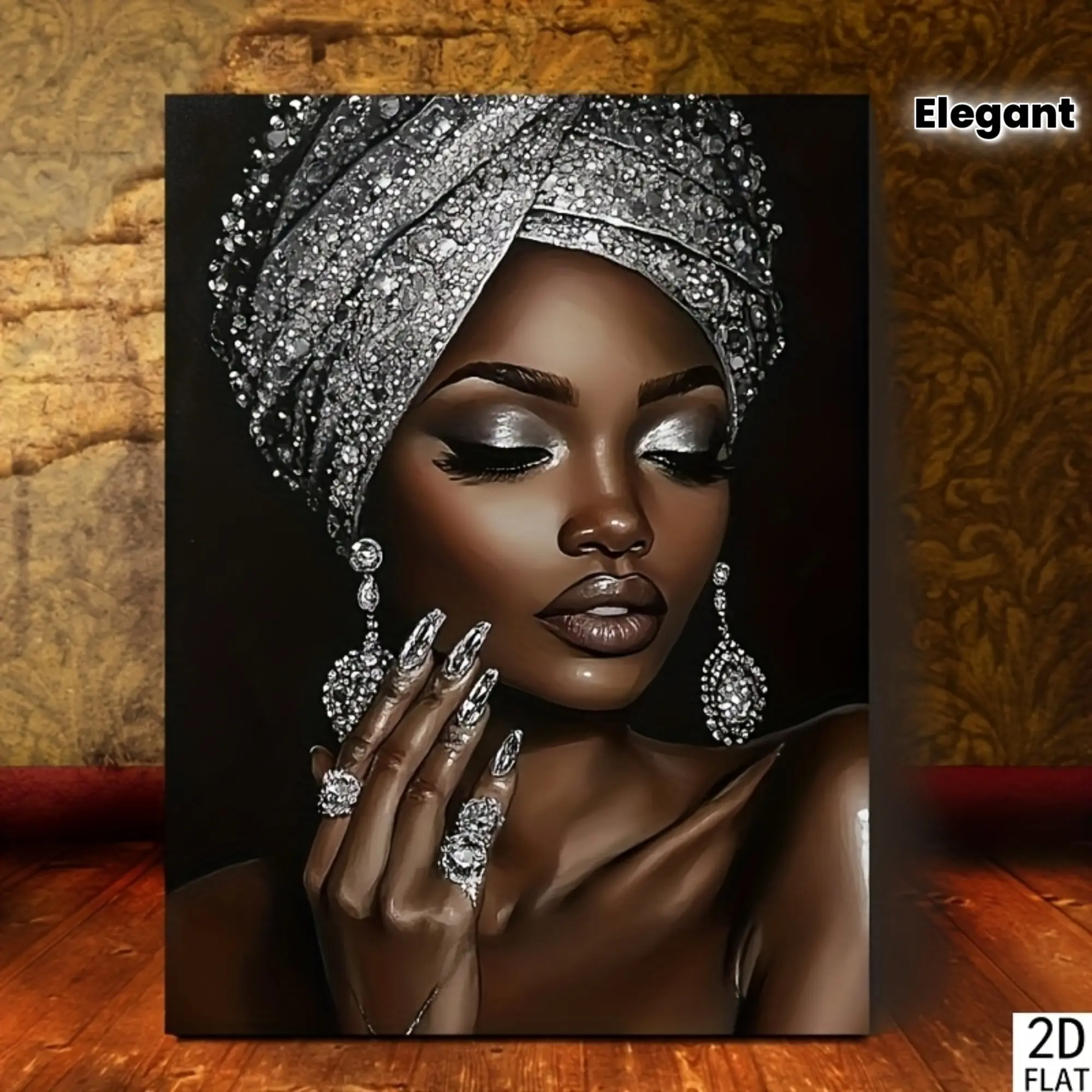 Frameless Wood-Backing Canvas Wall Art Print - 1 Piece African Woman Silver Glitter Embroidery Art, 29.97x39.88cm Hanging Decoration for Bedroom, Kid Room, Religious Space, Back to School Plaid-Infused Home Decor