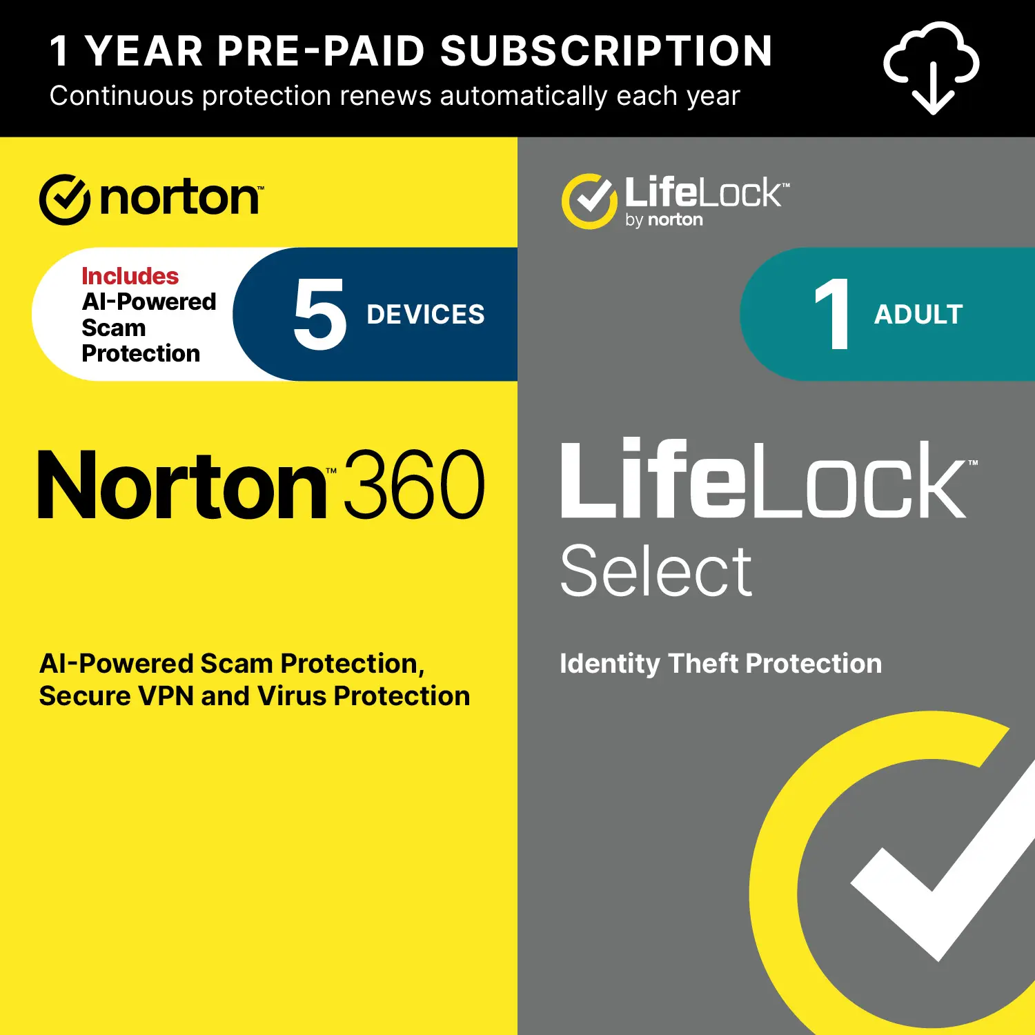 Norton 360 with LifeLock Select Bundle, All-in-One Protection for up to 5 Devices, Online Privacy, and Identity {Digital Download]