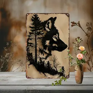 1pc Multicolor Iron Wolf Silhouette Wall Decor - 30cm x 20cm Carved Forest & Pine Tree Metal Art, Weather-Resistant Outdoor Decor, Indoor Ornament with Pre-Drilled Holes, Rustic Bedroom Wall Plaque, Fine Craftsmanship
