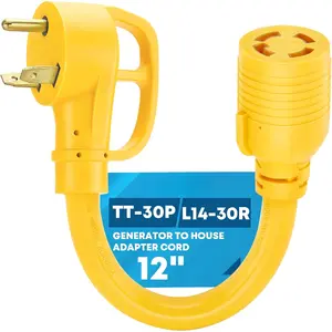 NEMA TT-30P to L14-30R Generator Adapter Cord, 30Amp 3 Prong to 4 Prong Adapter, Generator Transfer  Adapter Cord, STW 10 AWG 12'', 30 Amp Male Generator to 30 Amp House Inlet Box Adapter
