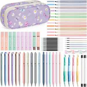 65 count Aesthetic School Supplies with Cute Pencil Case, Pastel Highlighters Gel Pens Mechanical Pencils Set 0.5 0.7 & 2.0mm, Office  to School Supplies College Essentials Kit Student Stationary Set