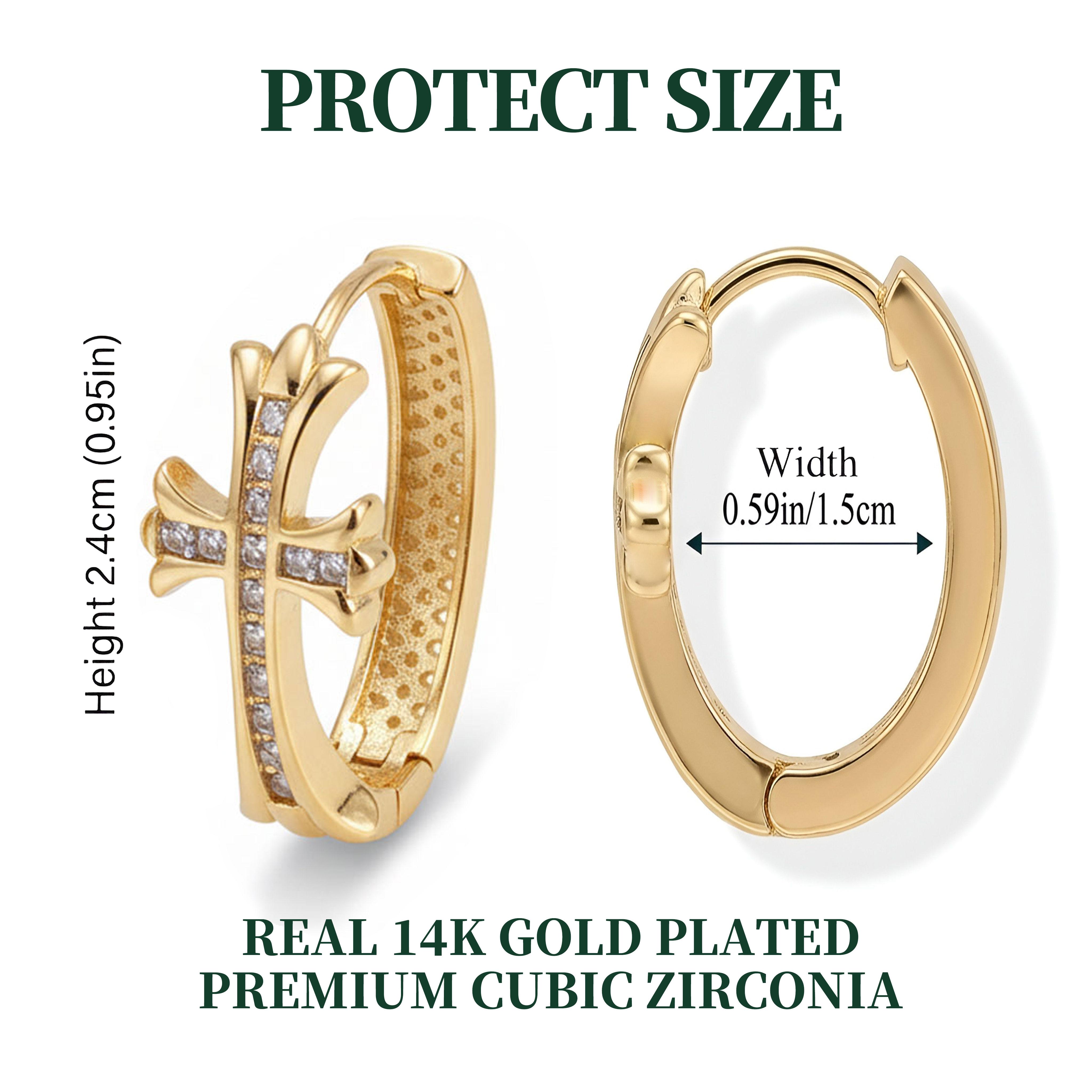 Women's Cross Ring Earrings, 14K Gold Plated Zircon Religious Cross Earrings, French Retro Hypoallergenic Circle Dangle Earrings