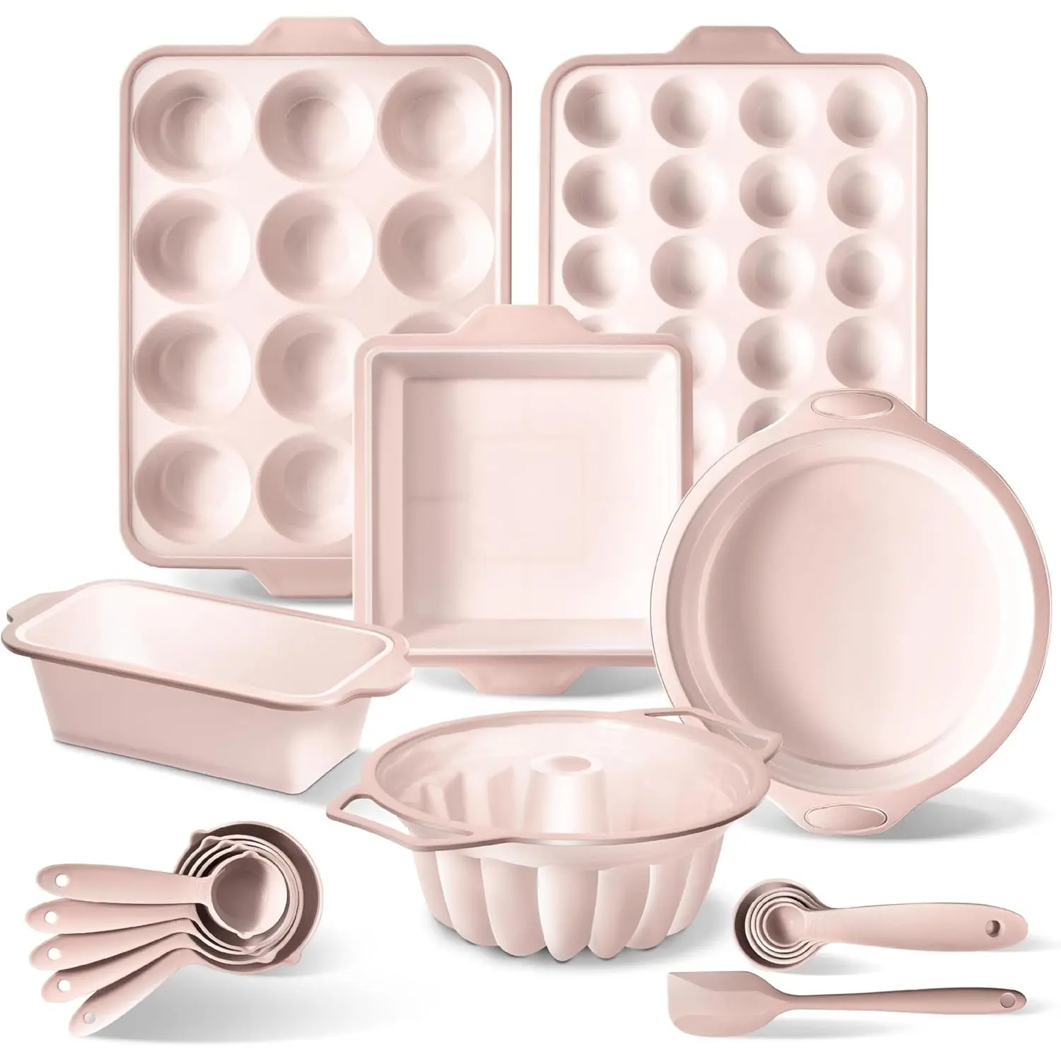 17-Pc Nonstick Silicone Bakeware Set - Round & Square Baking Molds, Oven-Safe Muffin Pans with Sturdy Metal Frame, Flexible Cake Molds, Measuring Cups, Spoons, Spatula, Easy to Clean, Oven-Ready, Nonstick Baking Sets