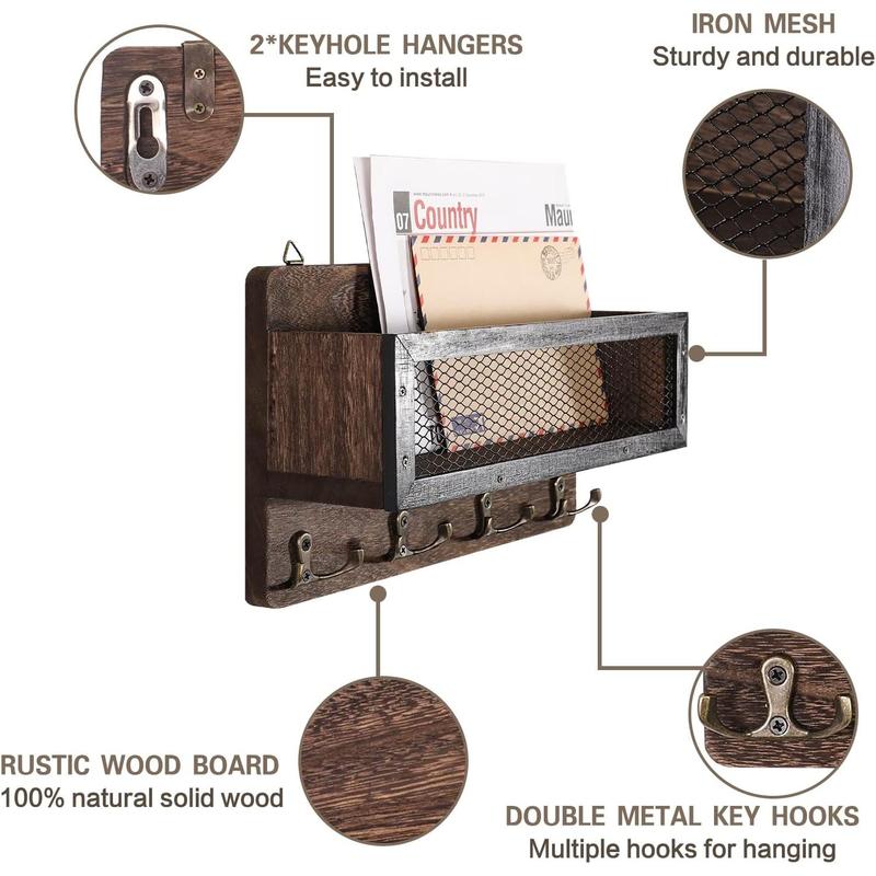 Mail and Key Holder for Wall Decorative, Wooden Wall Mount Key Rack Hanger Organizer with 4 Double Key Hooks, Rustic Home Decor for Entryway Hallway, Brown
