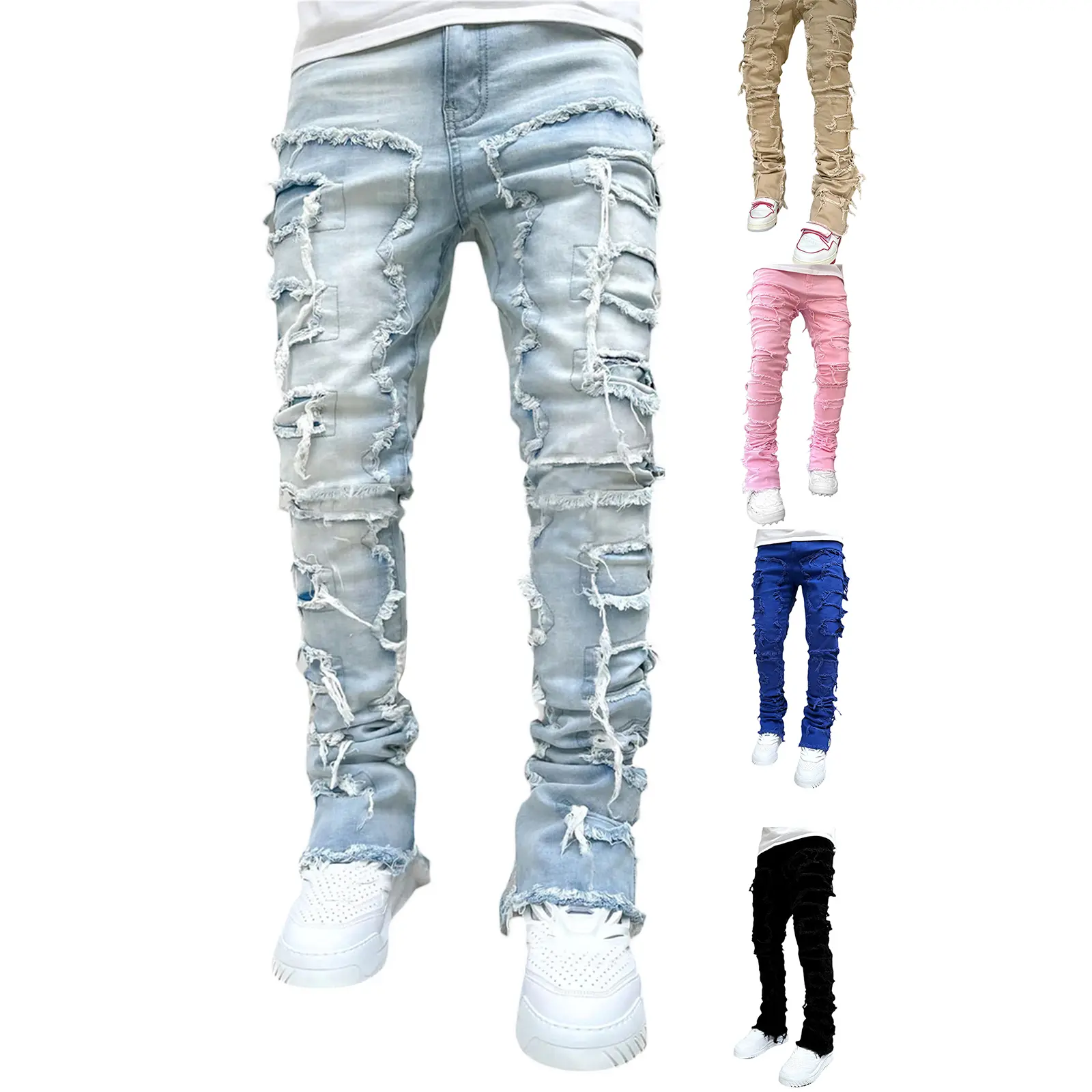 Men’s tassel fringe patchwork ripped layered flared jeans, multiple colors, slim fit, distressed frayed denim, Y2K street punk casual men’s pants suitable for everyday wear, parties, and holidays in all seasons.