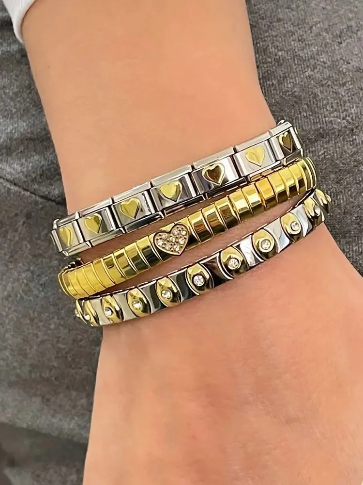 Vintage Elasticity Stainless Steel Bangles Bracelet for Women Classic Heart Square Adjustable Wristband Waterproof Bangle