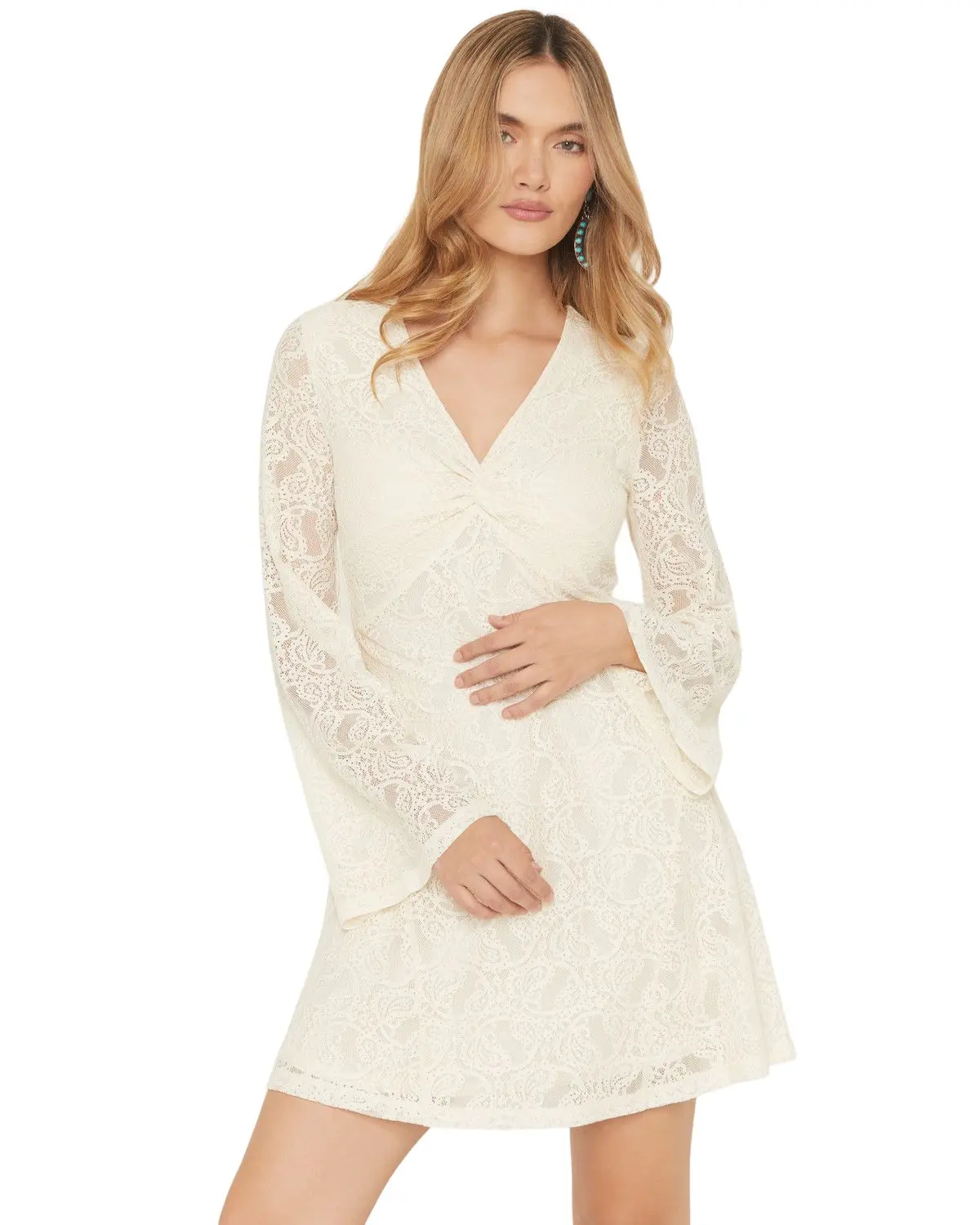 boho lace bell sleeve wedding dress Boho Lace Long Bell Sleeves V Neck Mermaid Sweep Lace Wedding Dress main image 0