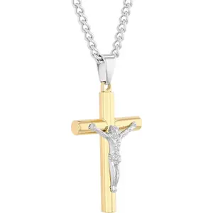 Yellow  Plated Stainless  2" Large  Christ  Crucifix Pendant with 24" Twisted Curb Chain Necklace for Men