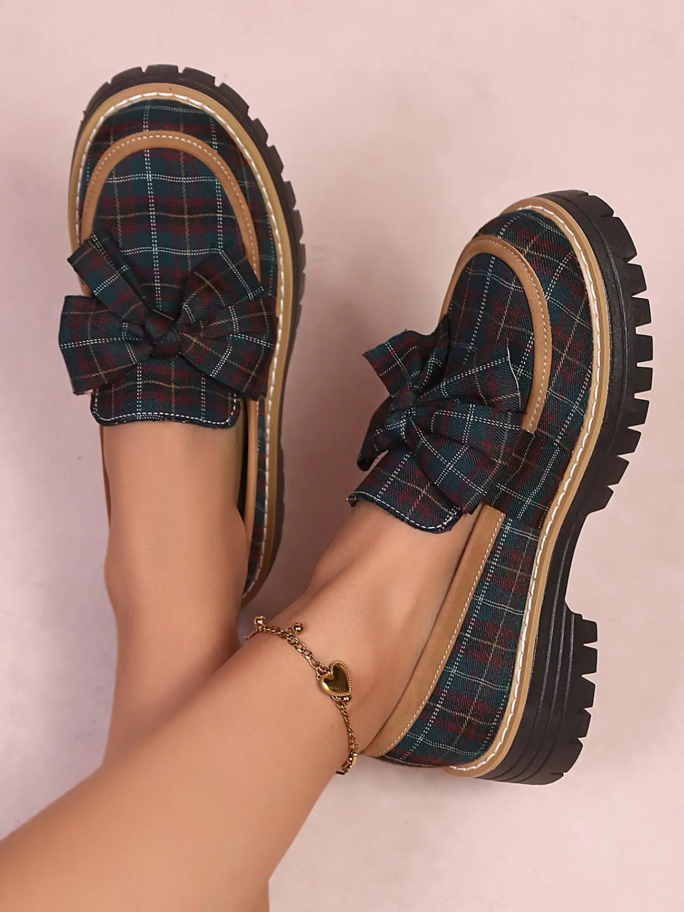 Women's Tartan Bow Loafers, Thick Sole, Flatform, Classic Preppy Style, Textile Upper, College Wind, Casual and Campus Wear, School, All Seasons, Slip On Loafer