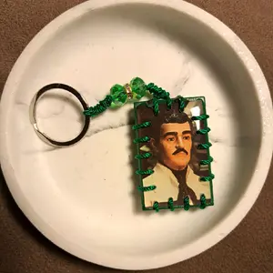 Jesus Malverde Keychain - Green Beaded Design with Keyring Attachment