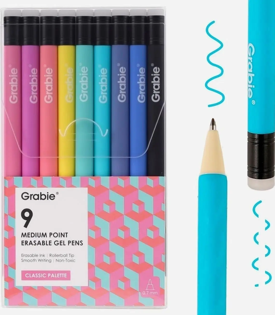 Grabie Erasable Gel Pens, 9 Medium Point 0.7 mm Pens, Classic | Thermo-Sensitive Gel Ink, Clean Erasing, Smooth Writing, Vibrant Assorted Colors, Twist-up Design, Drawing, Journaling
