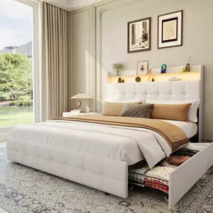 【GARVEE】Full Size Upholstered Bed Frame with Headboard – 2 Storage Drawers – LED Light – Charging Socket & USB Port – Soft Fuzzy Soft – Noise-Free – Modern Beige with Natural Wood Board