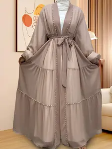 Women's Solid Color Beaded Decor Lounge Dress, Classy Modest Dresses, Casual Long Sleeve Open Front Dress for Daily Wear, Ladies Sleepwear for All Seasons