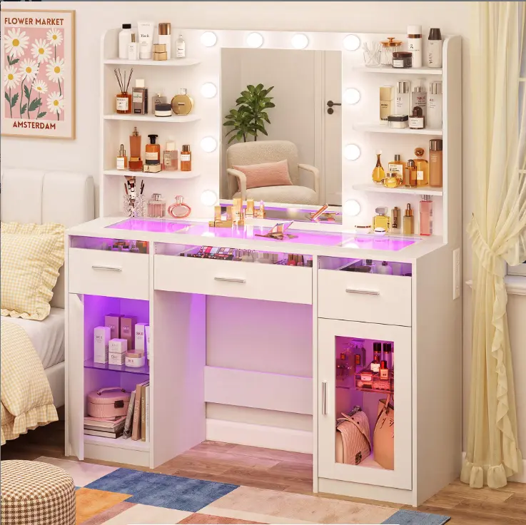 White makeup table set includes LED touch-control mirror; features storage compartments and a matching cushioned stool; suitable for various settings including bedrooms, living rooms, and dorms. stylish vanity