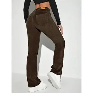 Casual Solid Color Corduroy Pants, Versatile Fit Womenswear Bottom Brown Leg Polyester
