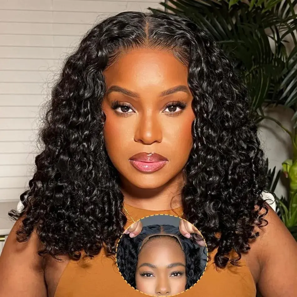 13x6 Glueless 220 Density Brazilian Deep Wave Wig Curly HD Lace Frontal Human Hair Wig Wear and Go Short Deep Curly Bob Wigs of Women For Women Preplucked Best Hair Water Wig