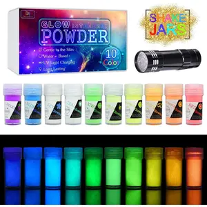 10 Color Glow In The Dark Pigment Powder with UV Lamp - Epoxy Resin Luminous Powder for Slime Kit, Skin Safe Long Lasting Self Glowing Dye for DIY Nail Art, Acrylic Paint, Fine Art, 0.7oz Each Total 7oz
