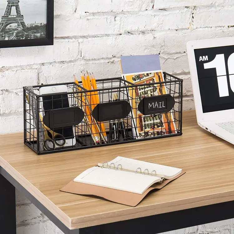 Black Metal Wall Mounted 3 Compartment Storage Basket with Chalkboard Labels
