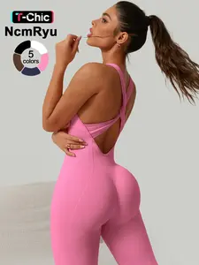 Women's sports jumpsuit with cross widened shoulder straps detachable chest cushion ribbed high elasticity comfortable and breathable yoga clothes gym training running cycling golf tennis clothes indoor and outdoor Sportswear Jumpsuits