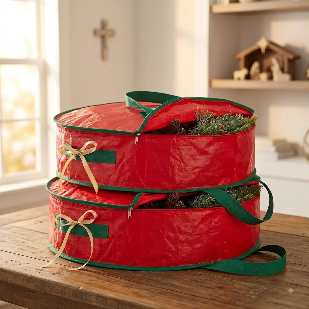 2-PACK Modern Christmas Wreath Storage Organiser Bags, 30 in Durable Tarp Material with Zipper & Sturdy Carry Handle, Pest-Proof Dust Protection Box for Home Garage Organization, Two Bags
