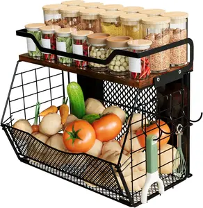 Large Capacity Magnetic Spice Rack for Refrigerator with Wood Lid and 4 Hooks