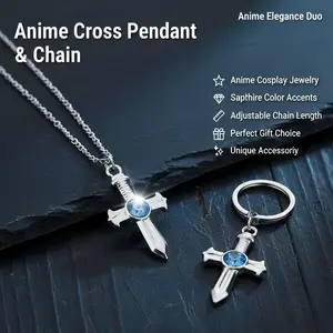 Anime Cross Necklace and Keychain with Blue Gem Anime Cosplay Jewelry Fairy Tail Anime Accessories Two-piece Set Elegant Sapphire Cross stainless steel pendant chain semi colon fashion people