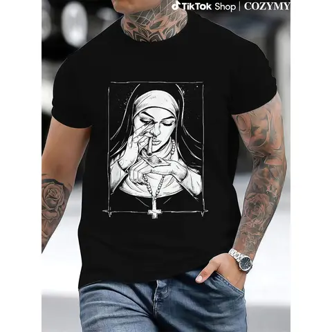 Vintage Devil Unholy Nun T Shirt Harajuku Casual Arrival Tshirt Summer Men Printed T Shirt Casual Cool T-shirt Male Tops Streetwear Menswear