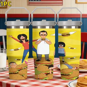 1pc 30oz Bob's Burgers Portable Water Bottle - Cartoon-themed Stainless Steel Compact Sports Bottle with Handle & Spout