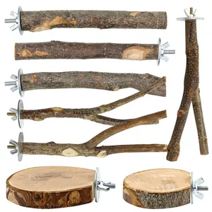 8 Piece Natural Wood Bird Perch Set with Apple Wood Platforms and Hardwood Branches for Parakeets Budgies Cockatiels - Cage Climbing Stand and Chew Toys