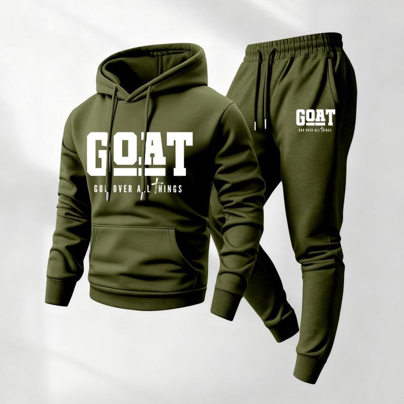 Men's G.O.A.T God Print Hoodie and Drawstring Sweatpants Set, Menswear, Casual Athletic Long Sleeve Hooded Jacket & Trousers for Fall & Winter, Men's Clothing for Daily Wear, Sportswear Indoor Outdoor, Tracksuit, Athleisure Summer Clothes