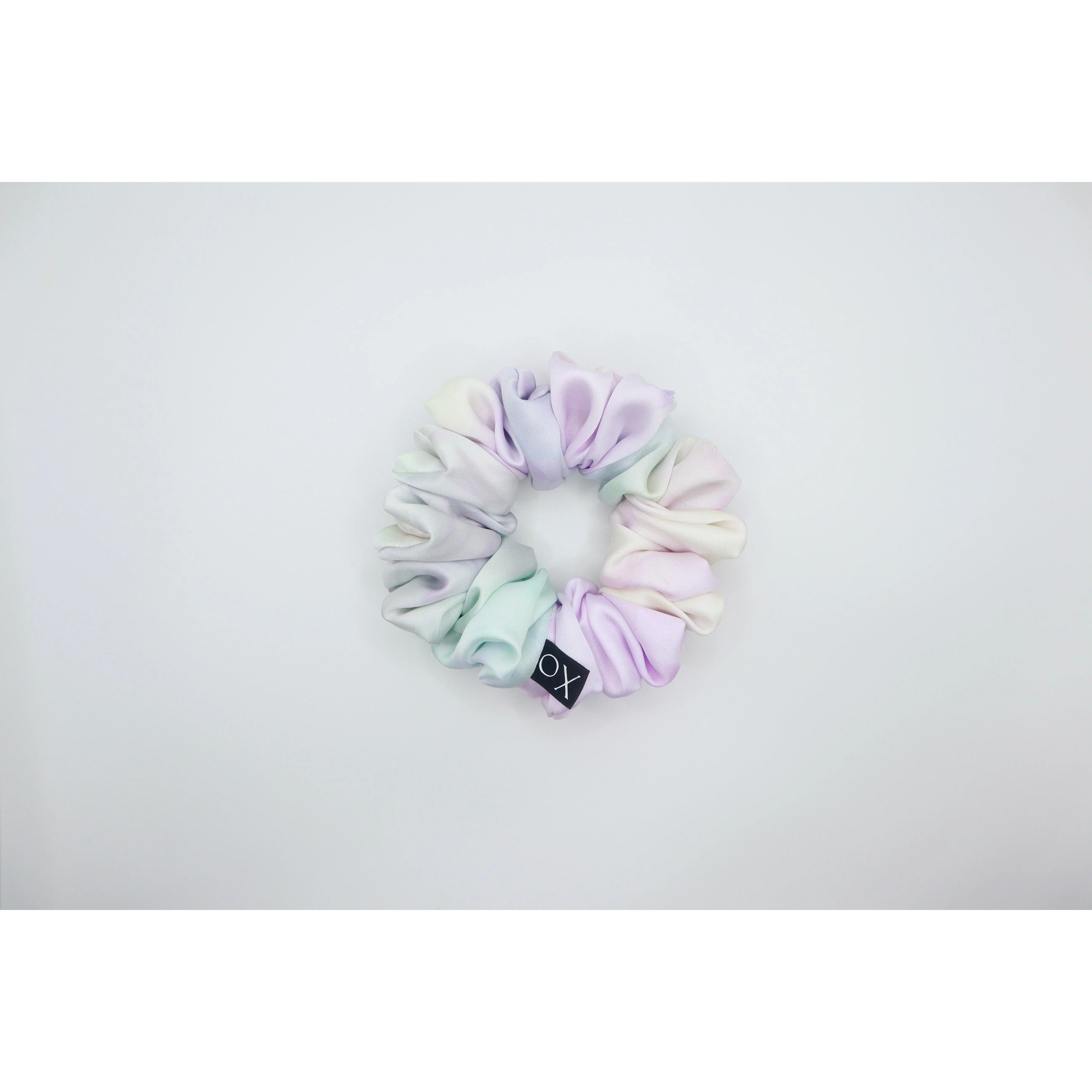 Xo Scrunchies Mini Satin Scrunchie - Tie Dye Beige Light Yellow Violet Pink Light Blue & Mint Green - Lightweight Snag-Free Hold for All Hair Types - 4" Diameter