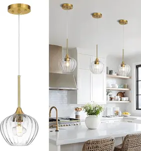 Glass Pendant Light Kitchen Island, 7" Brushed Gold Modern Mini Farmhouse Hanging Lighting for Dining Room Bathroom Bar