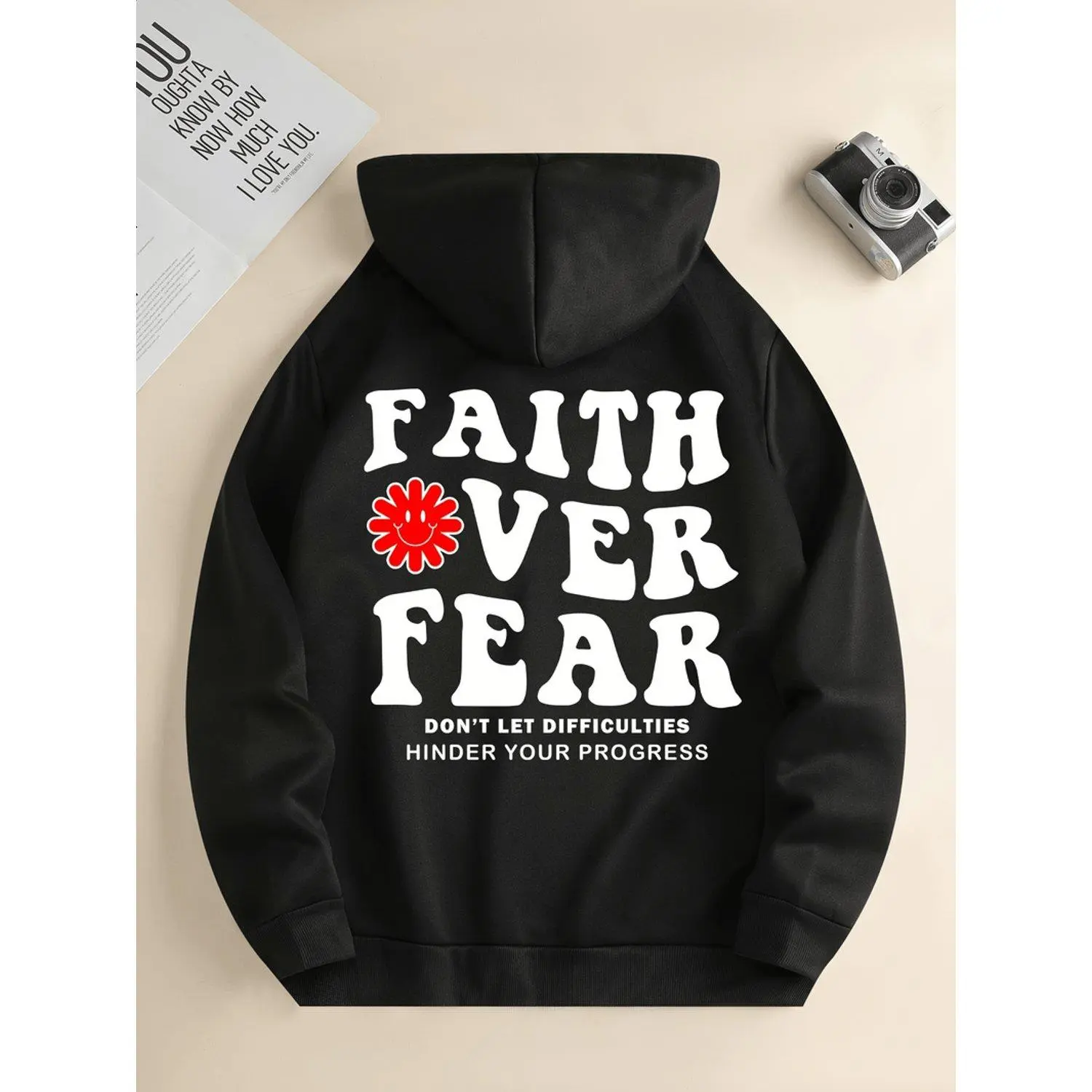 Long Sleeve Casual Pullover FAITH OVER FEAR Print Kangaroo Pocket Casual Long Sleeve Hoodie Sweatshirt Pullover Clothing For Fall Winter Loose Fit Comfortable Style
