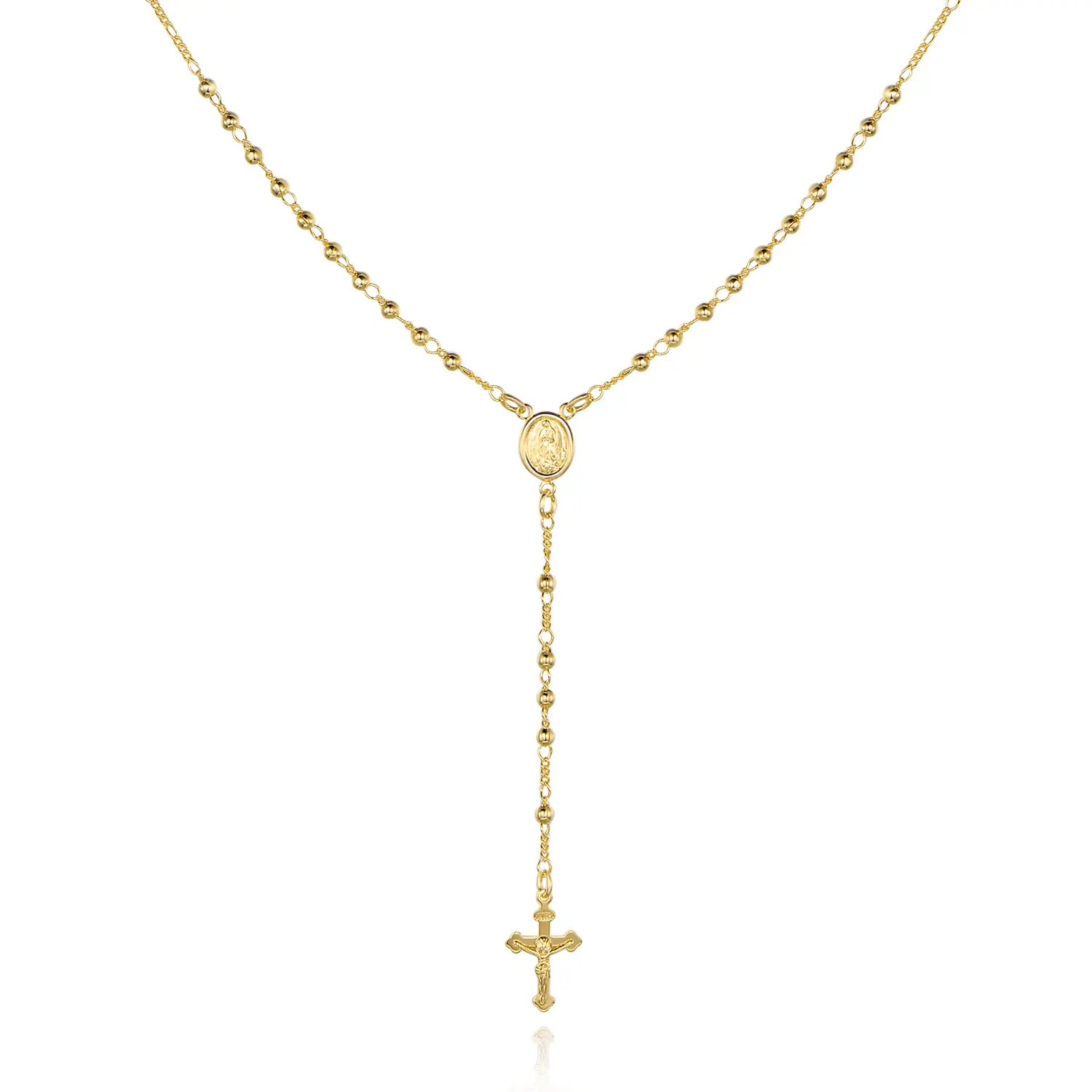 Barzel 18K Gold Plated Virgin Mary Rosary Bead Cross Necklace - Made In Brazil