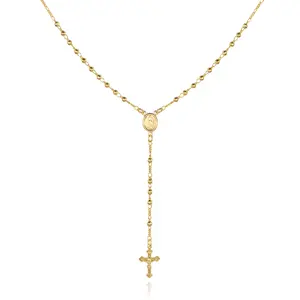 Barzel 18K Gold Plated Virgin Mary Rosary Bead Cross Necklace - Made In Brazil