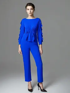 3345 Women's Royal Blue Jumpsuit - Ruffled Sleeve, Drawstring Waist, Long Sleeve & 9-Point Pants | Elegant Winter Office Outfit 2025 Chic Solid Matching Set