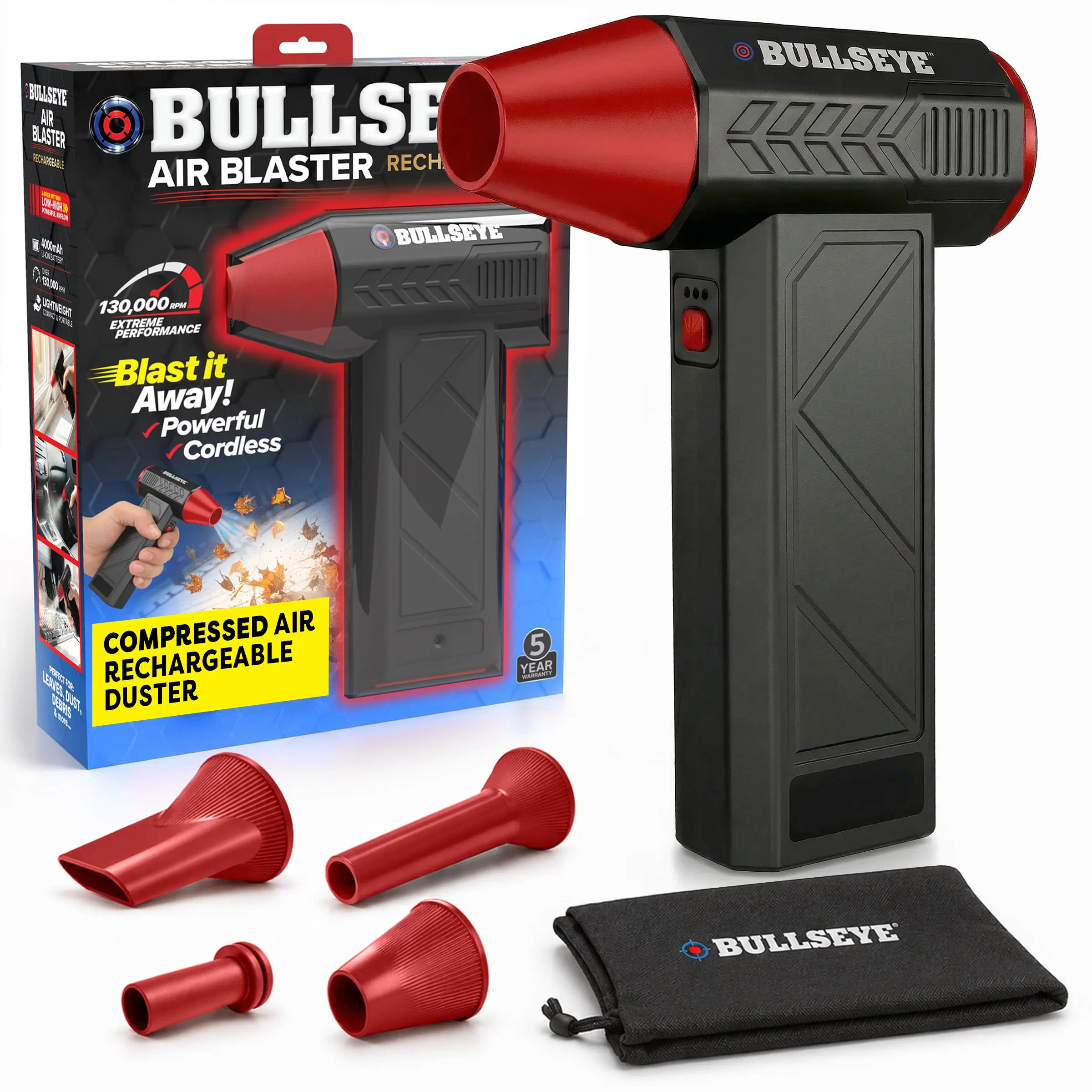 Bullseye Rechargeable Air Blaster – Portable Cordless Electric Air Duster & Leaf Blower with 3 Speeds, 4 Nozzles & 4000mAh Battery