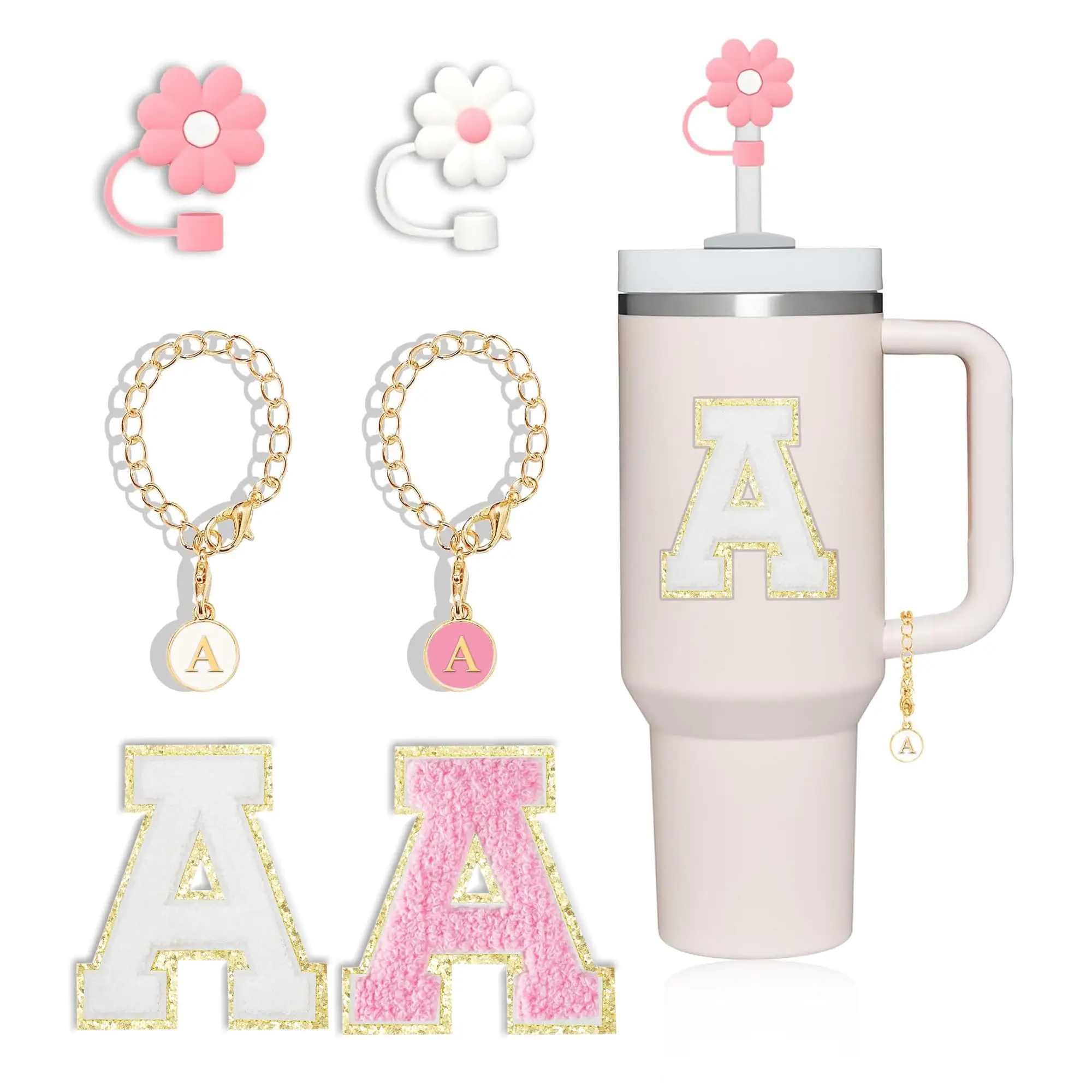 Compatible with Stanley 30&40 Oz Tumbler Accessories, 2 Counts 10mm Flower Straw Covers Or 2 Counts A-Z Letter Charms Or 2 Counts A-Z Letter Stickers,