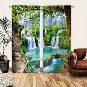 2 Piece Set Landscape Painting Curtains, Living Room Bedroom Drapes, Home Decor for Study Balcony, Holiday Decoration