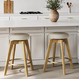 Solid Wood Swivel Counter Stool with Cream Boucle Upholstery (Multiple Finishes)
