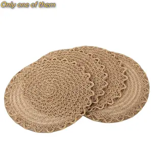 HomeDailyEss American retro linen placemats with woven grid pattern, small perforated hemp rope decoration, versatile and stylish coffee-colored heat-insulating tableware mats, round shape, Coffee Bar Mat