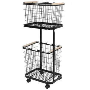 2 Tier Rolling Laundry Basket with Wheels Wire Laundry Hamper Cart Laundry Clothes Basket for Laundry Room Bathroom Bedroom