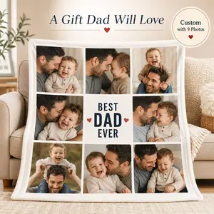Personalized Father’s Day Photo Blanket, Custom 9 Picture Collage Fleece Throw, Daddy & Baby Memory Blanket, Soft Sherpa Keepsake Gift from Kids, Heartwarming DIY Blanket for Dad, Grandpa, New Dad, Family Love Gift