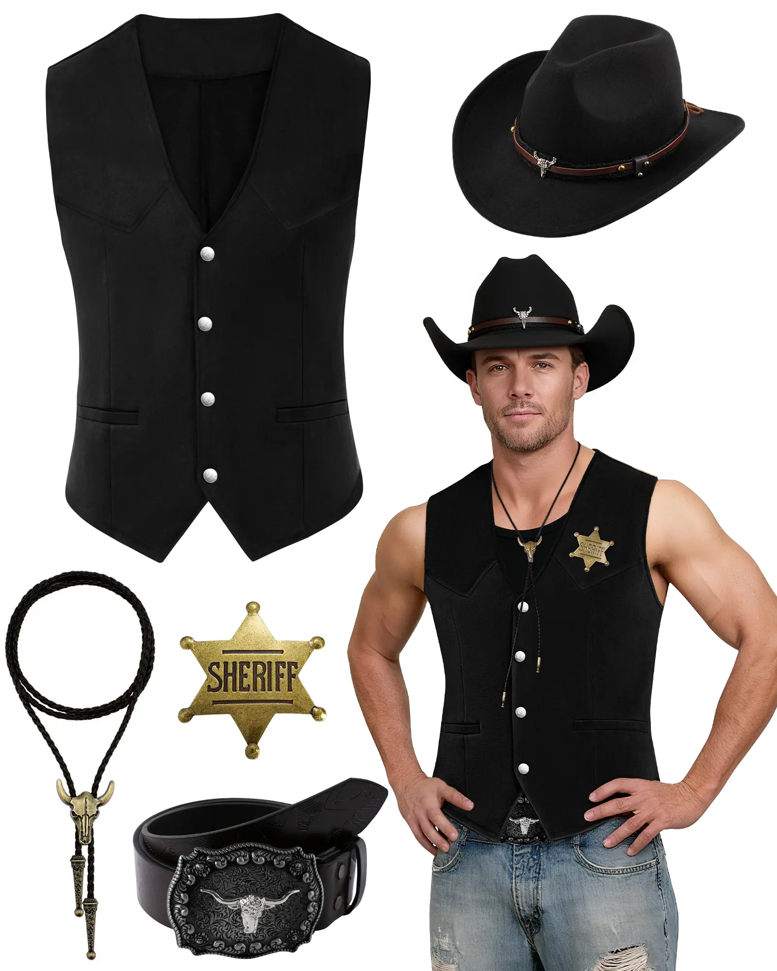Men Western Cowboy Sheriff Costume Set,Halloween Wild West Cosplay Outfit Kit,Suede Vest with Cowboy Hat, Belt, Tie & Sheriff Badge
