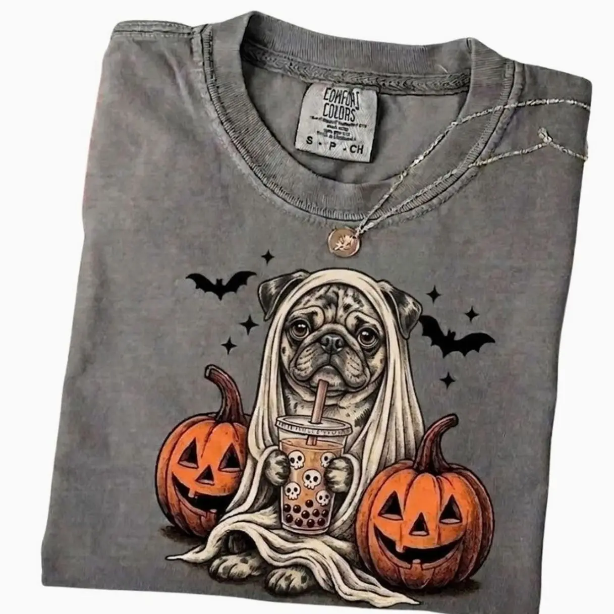 Comfort Colors Halloween Merle Pug Graphic T-Shirt - Fall Aesthetic Spooky Dog Lover Tee, Trending Halloween Graphic Tee, Comfortable Menswear & Womenswear Top, Perfect Halloween Gift For Men And Women jul11