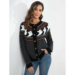 Halloween Black Ghost Button-Up Long-Sleeve Sweater Cardigan
