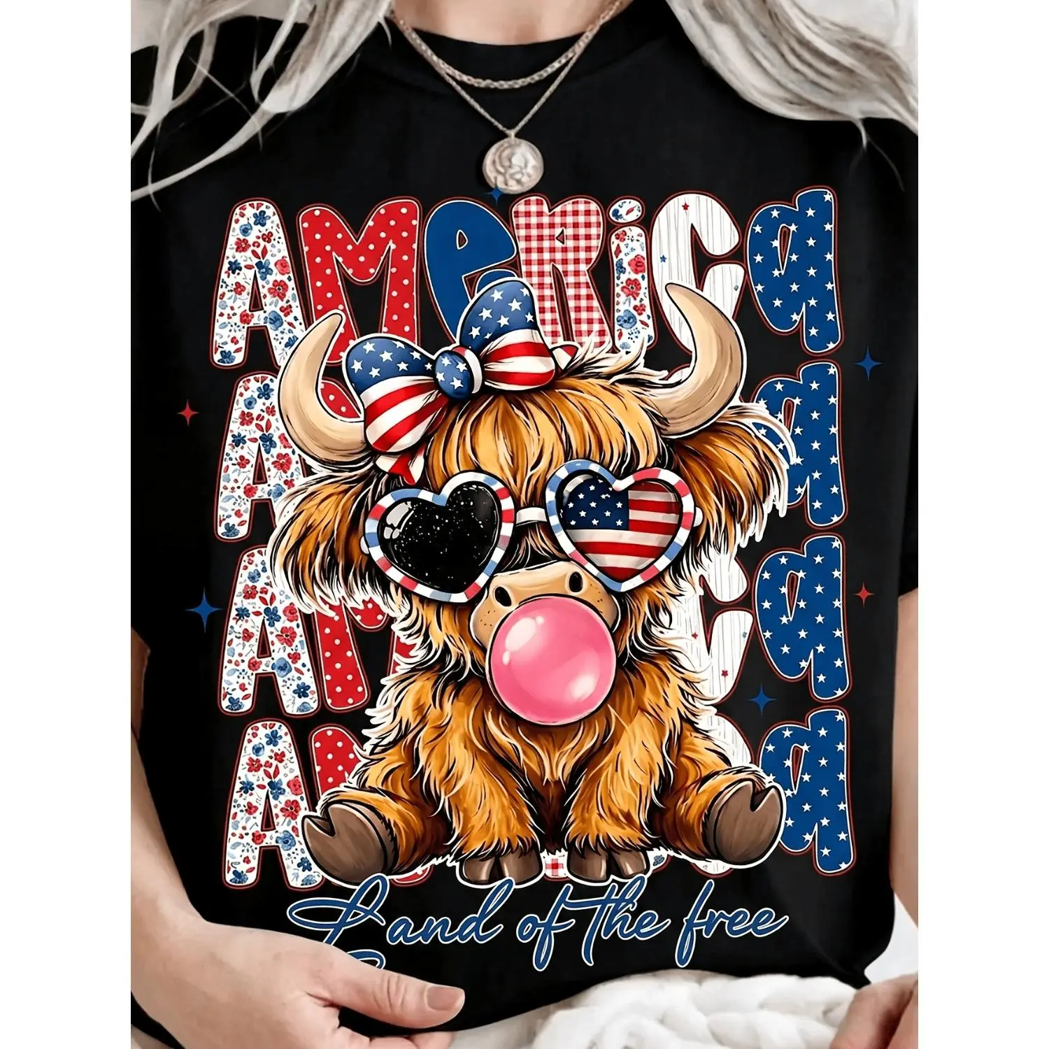 Highland Cattle, July 4th Bow, July 4th Cow, American Flag Cow, American Cowgirl, Independence Day, Fashionable Patriotic Animal.